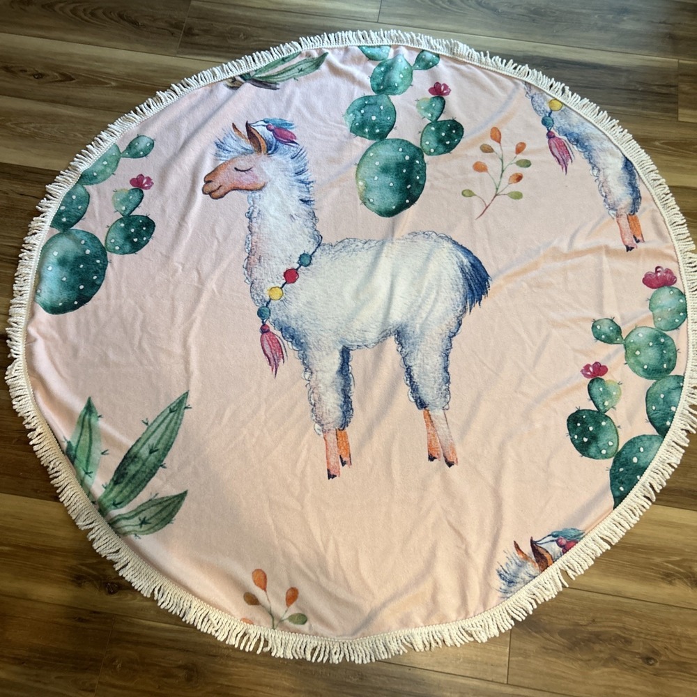 Alpaca Lama Beach Towel Large Round 54 x 54 Inch 100% Cotton Colorful
